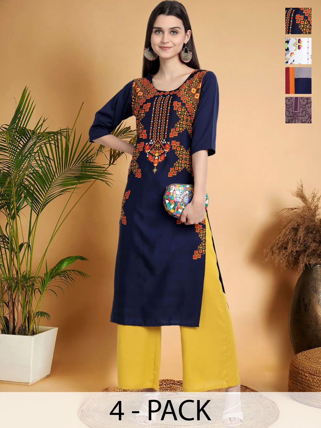 

7Threads Selection Of 4 Ethnic Motifs Printed Round Neck Straight Kurtas, Blue