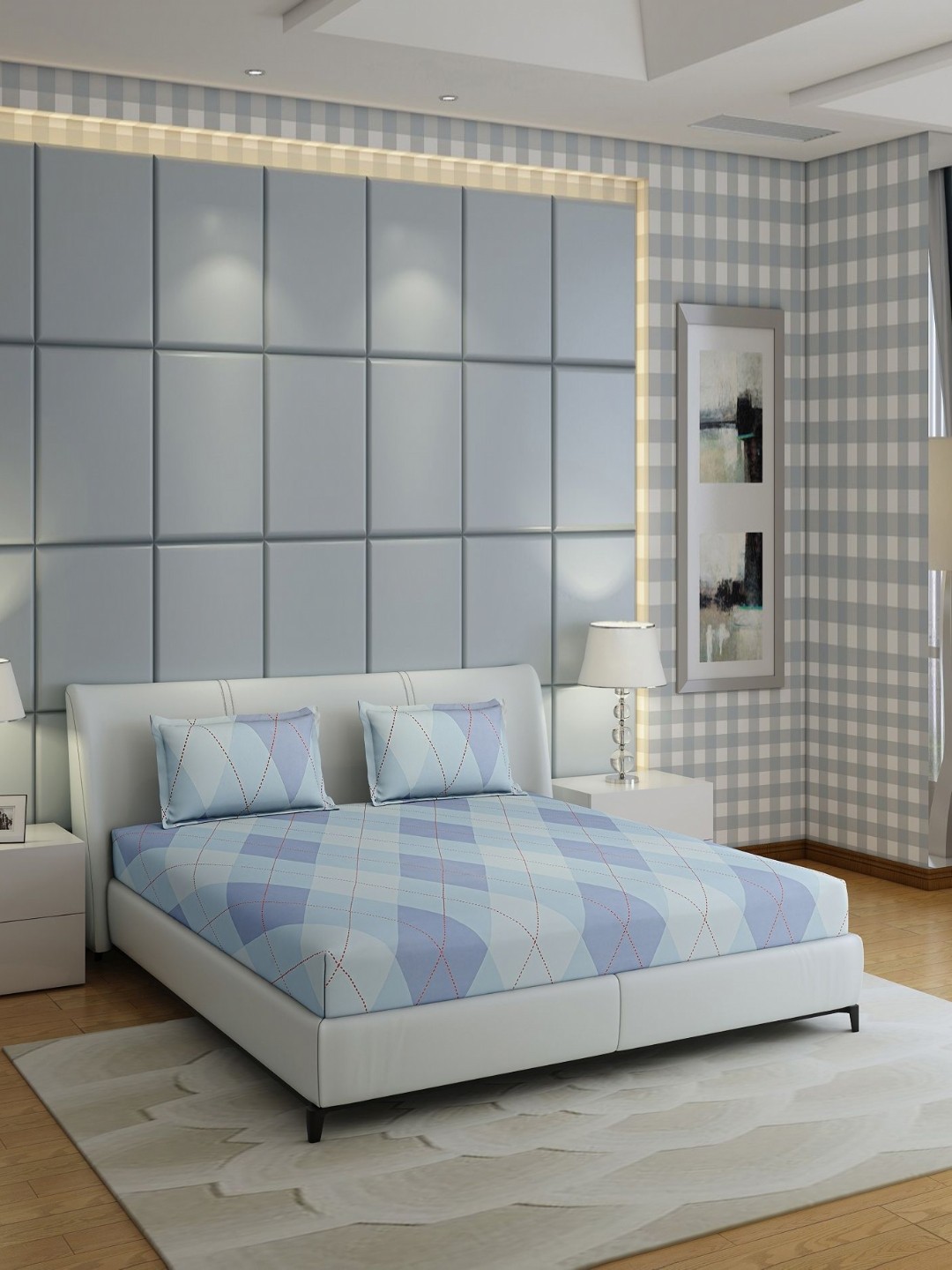 

Monte Carlo Fashnik Blue Geometric Cotton 144 TC Queen Bedsheet with 2 Pillow Covers