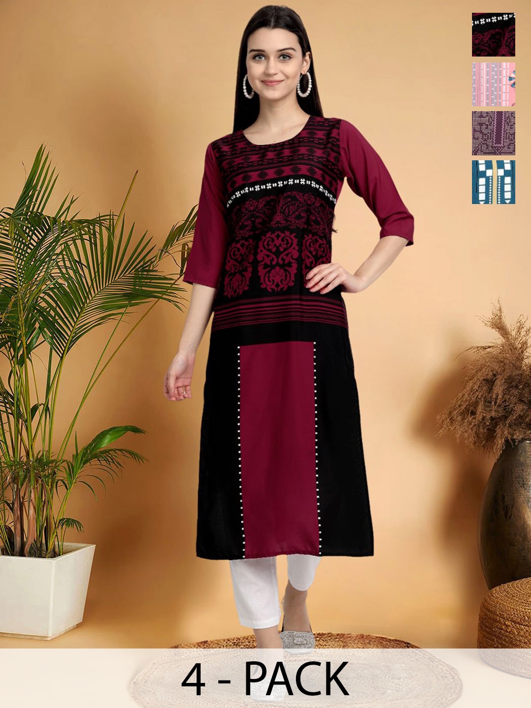 

7Threads Selection Of 4 Ethnic Motifs Printed Round Neck Straight Kurtas, Red