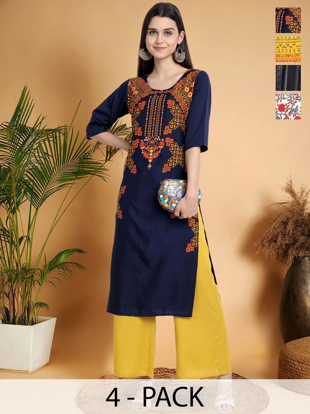 

7Threads Selection Of 4 Ethnic Motifs Printed Thread Work Floral Crepe Kurta, Navy blue