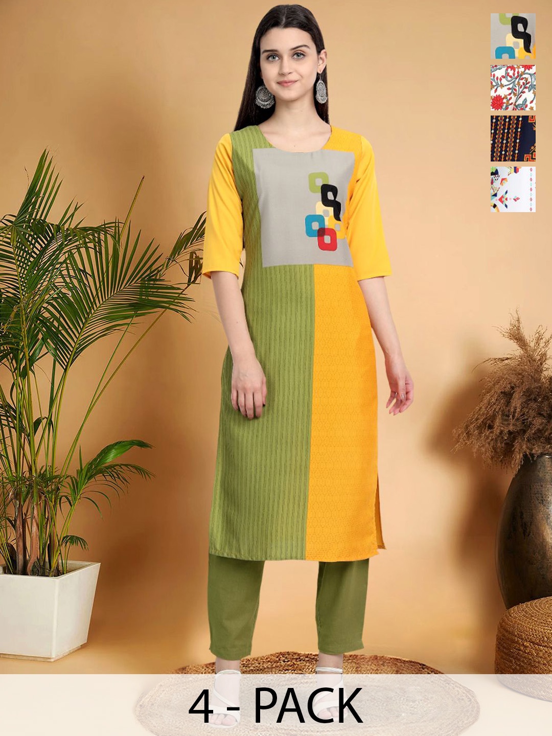 7Threads Selection Of 4 Geometric Printed Round Neck Straight Kurtas, Yellow
