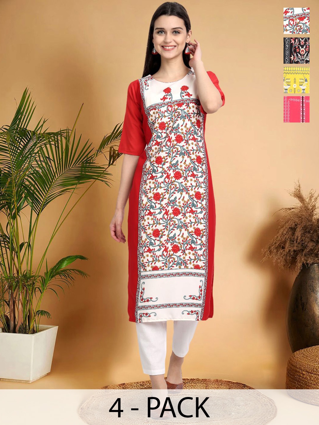

7Threads Selection Of 4 Ethnic Motifs Printed Round Neck Straight Kurtas, Red