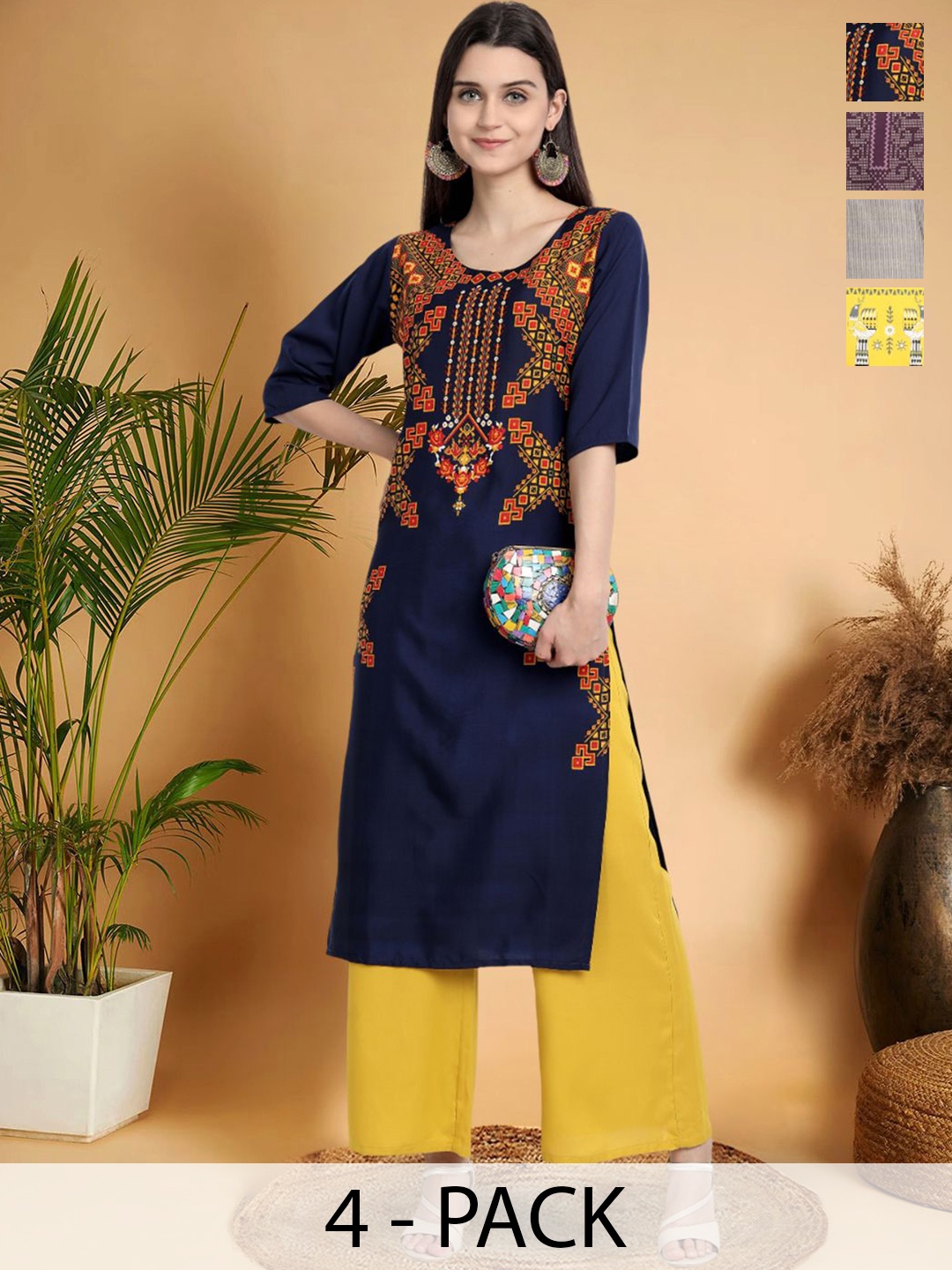 

7Threads Selection Of 4 Ethnic Motifs Printed Round Neck Straight Kurtas, Multi