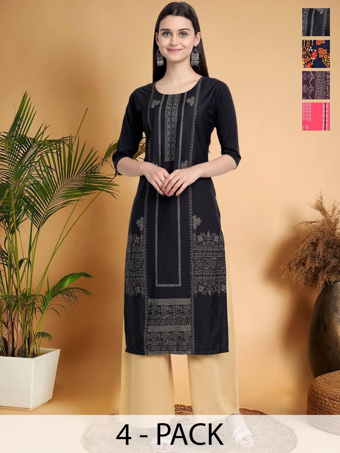 

7Threads Selection Of 4 Ethnic Motifs Printed Round Neck Straight Kurtas, Black