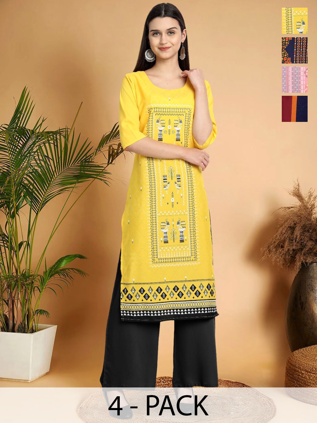 

7Threads Selection Of 4 Geometric Printed Round Neck Straight Kurtas, Yellow