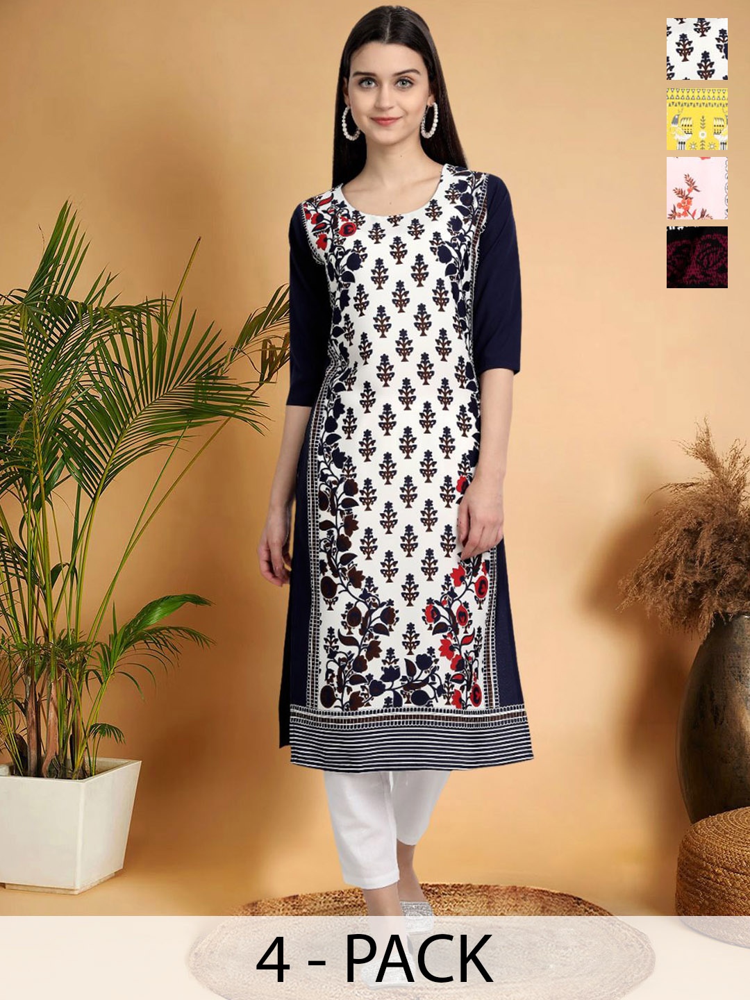 

7Threads Selection Of 4 Ethnic Motifs Printed Round Neck Straight Kurtas, Black