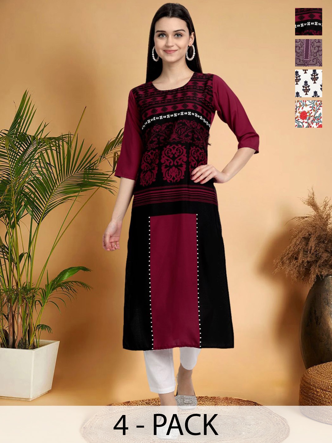 

7Threads Selection Of 4 Ethnic Motifs Printed Round Neck Straight Kurtas, Red