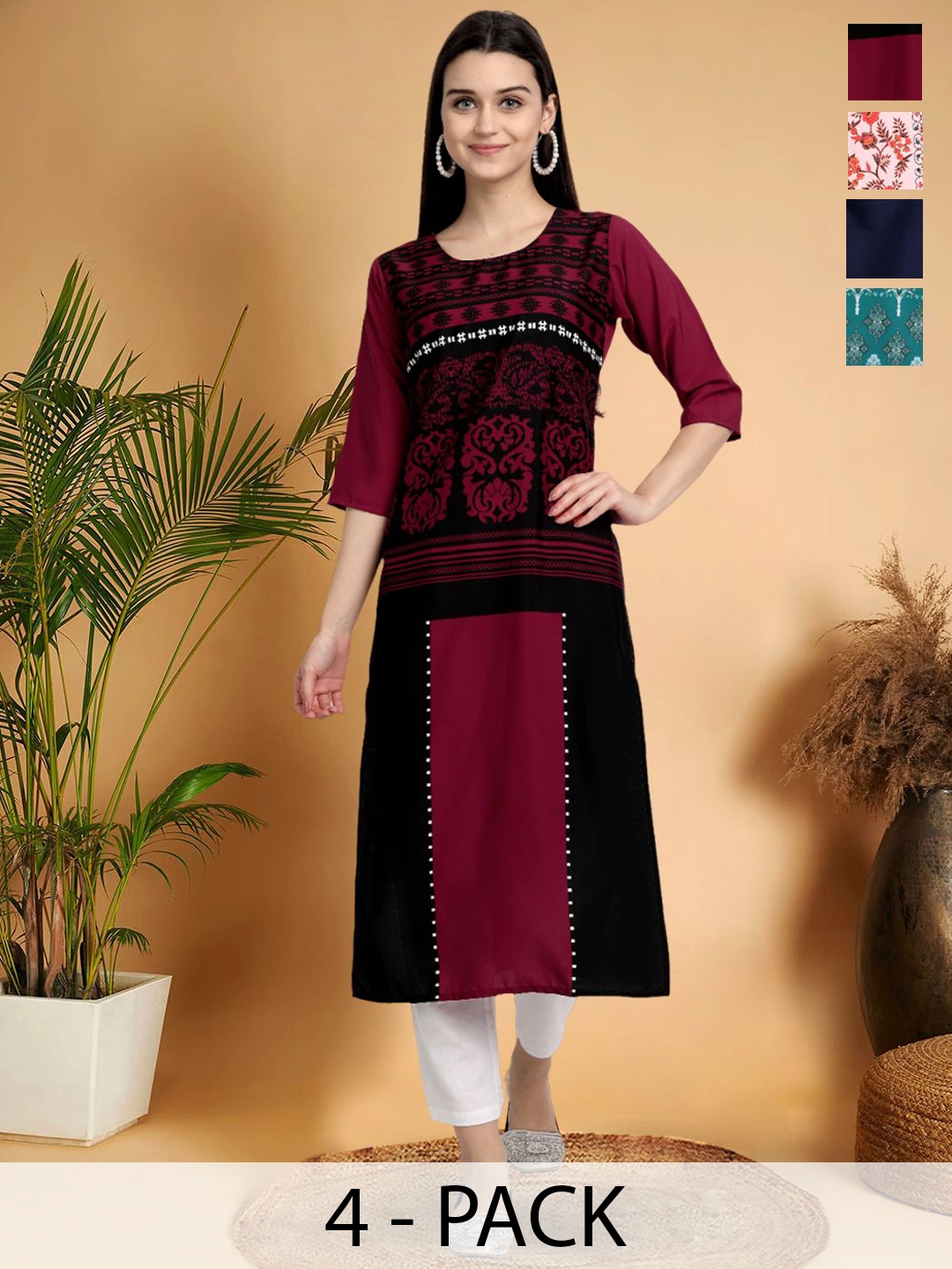 

7Threads Selection Of 4 Ethnic Motifs Printed Round Neck Straight Kurtas, Maroon