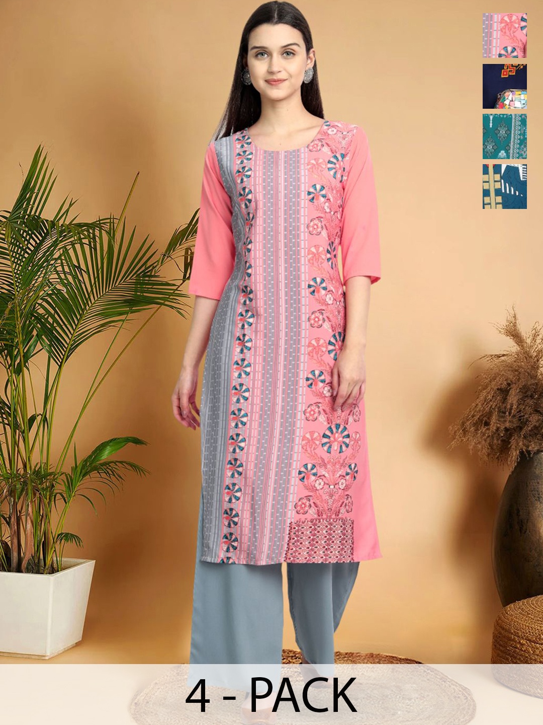 

7Threads Selection Of 4 Ethnic Motifs Printed Round Neck Straight Kurtas, Pink