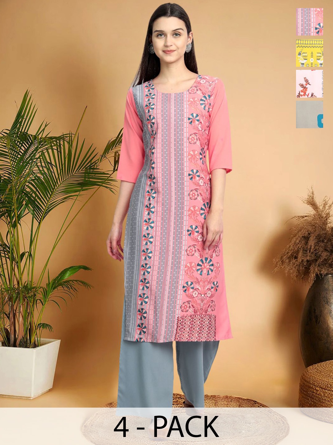 

7Threads Selection Of 4 Floral Printed Round Neck Straight Kurtas, Pink