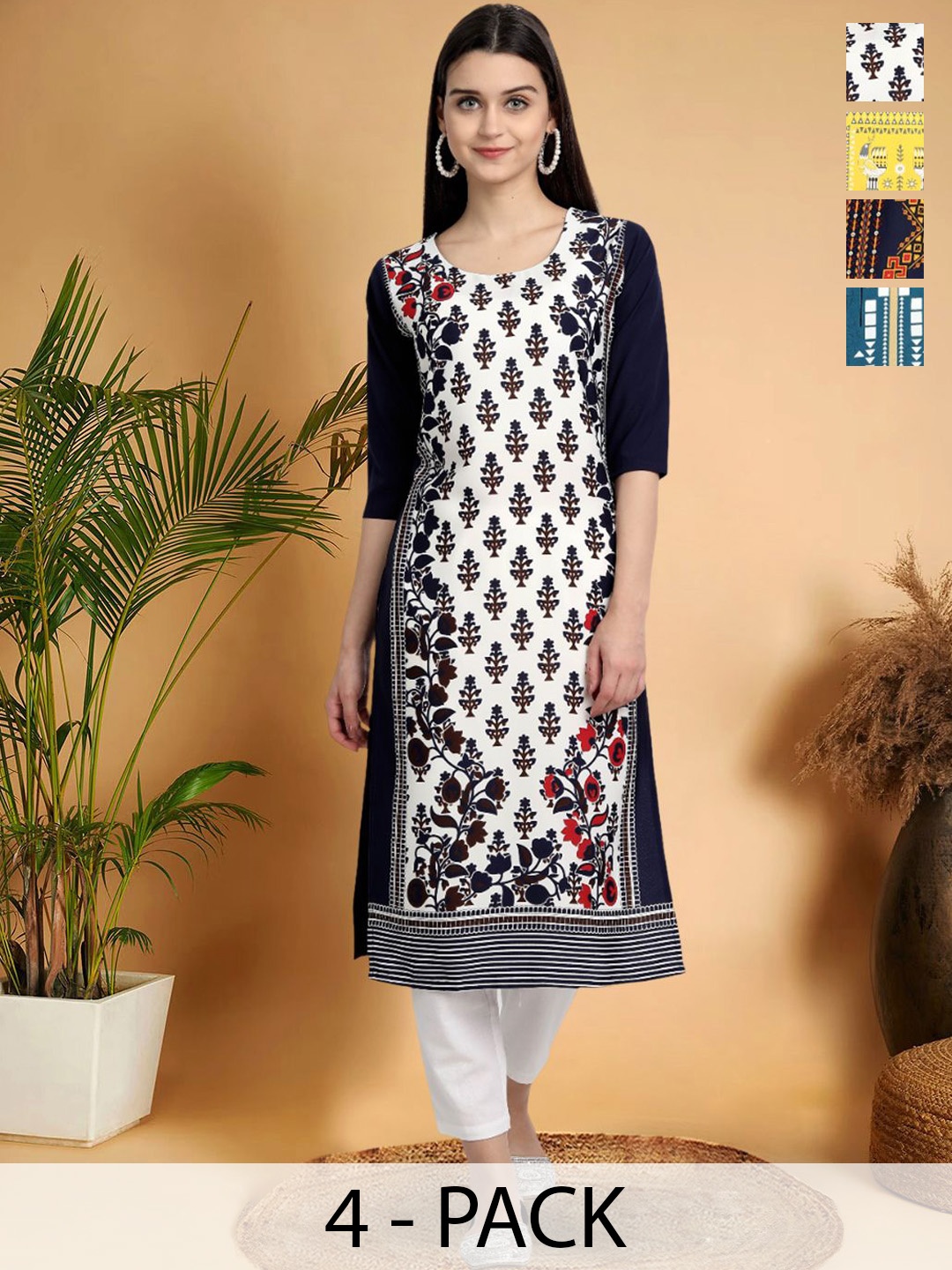 

7Threads Selection Of 4 Floral Printed Round Neck Straight Kurtas, Black