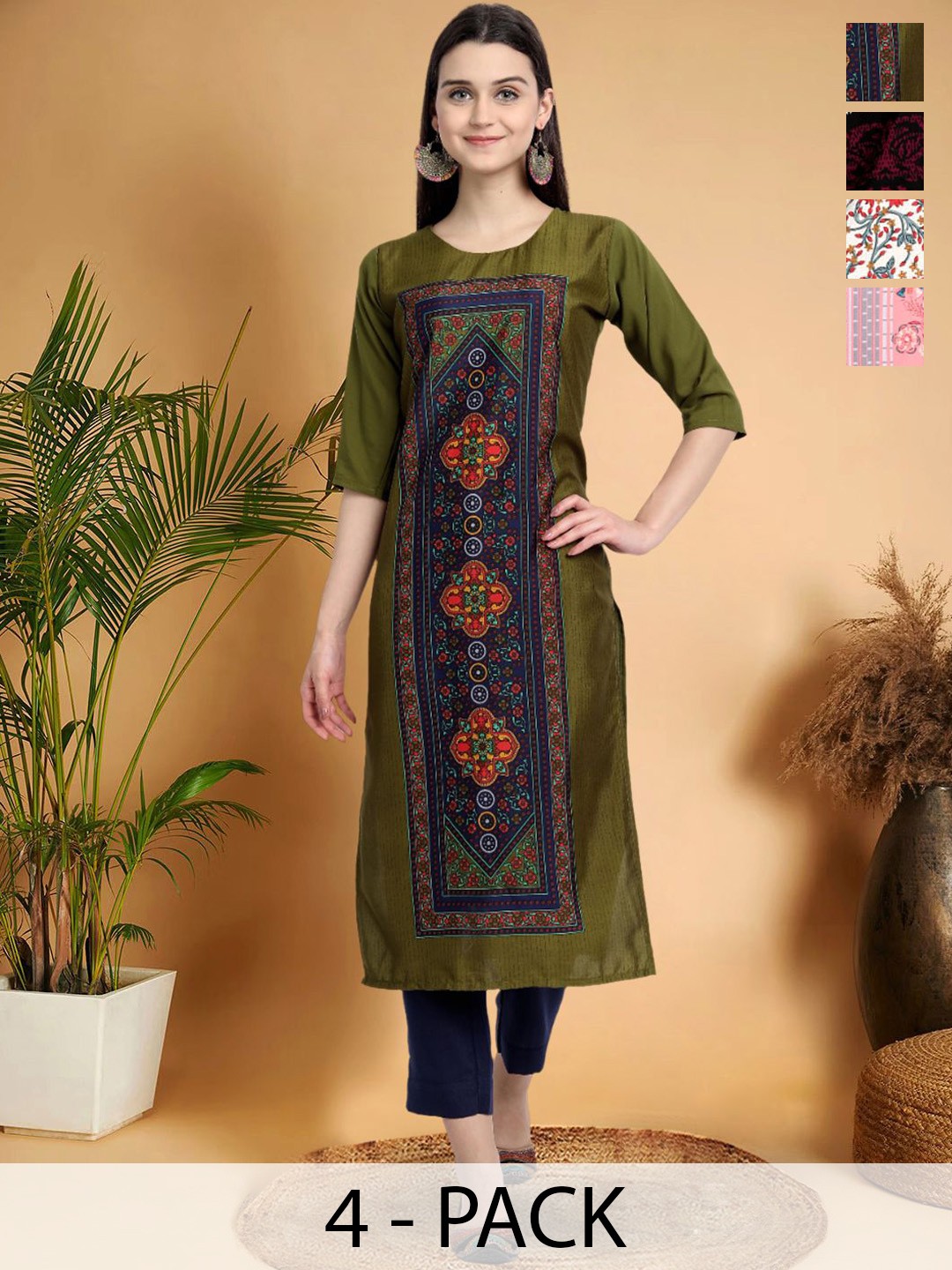 

7Threads Selection Of 4 Ethnic Motifs Printed Round Neck Straight Kurtas, Green