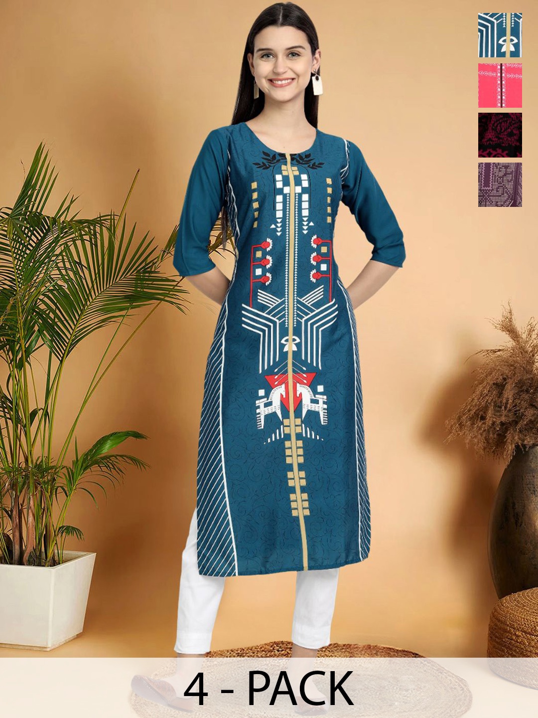 7Threads Selection Of 4 Ethnic Motifs Printed Round Neck Straight Kurtas, Blue