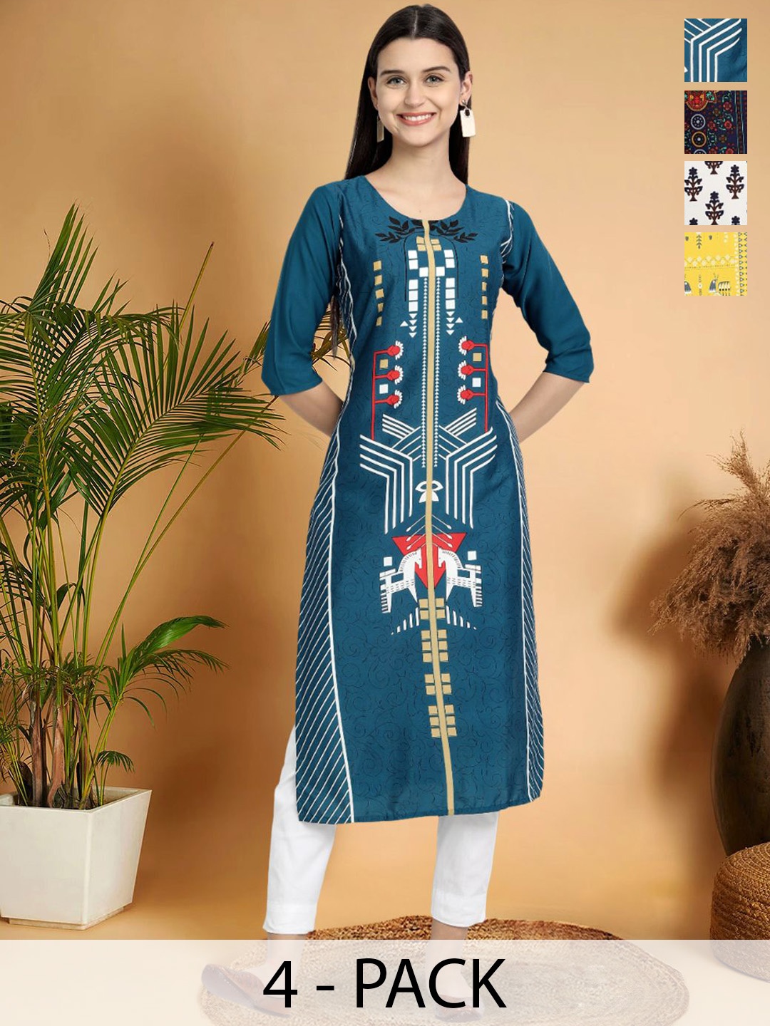 

7Threads Selection Of 4 Ethnic Motifs Printed Round Neck Straight Kurtas, Blue