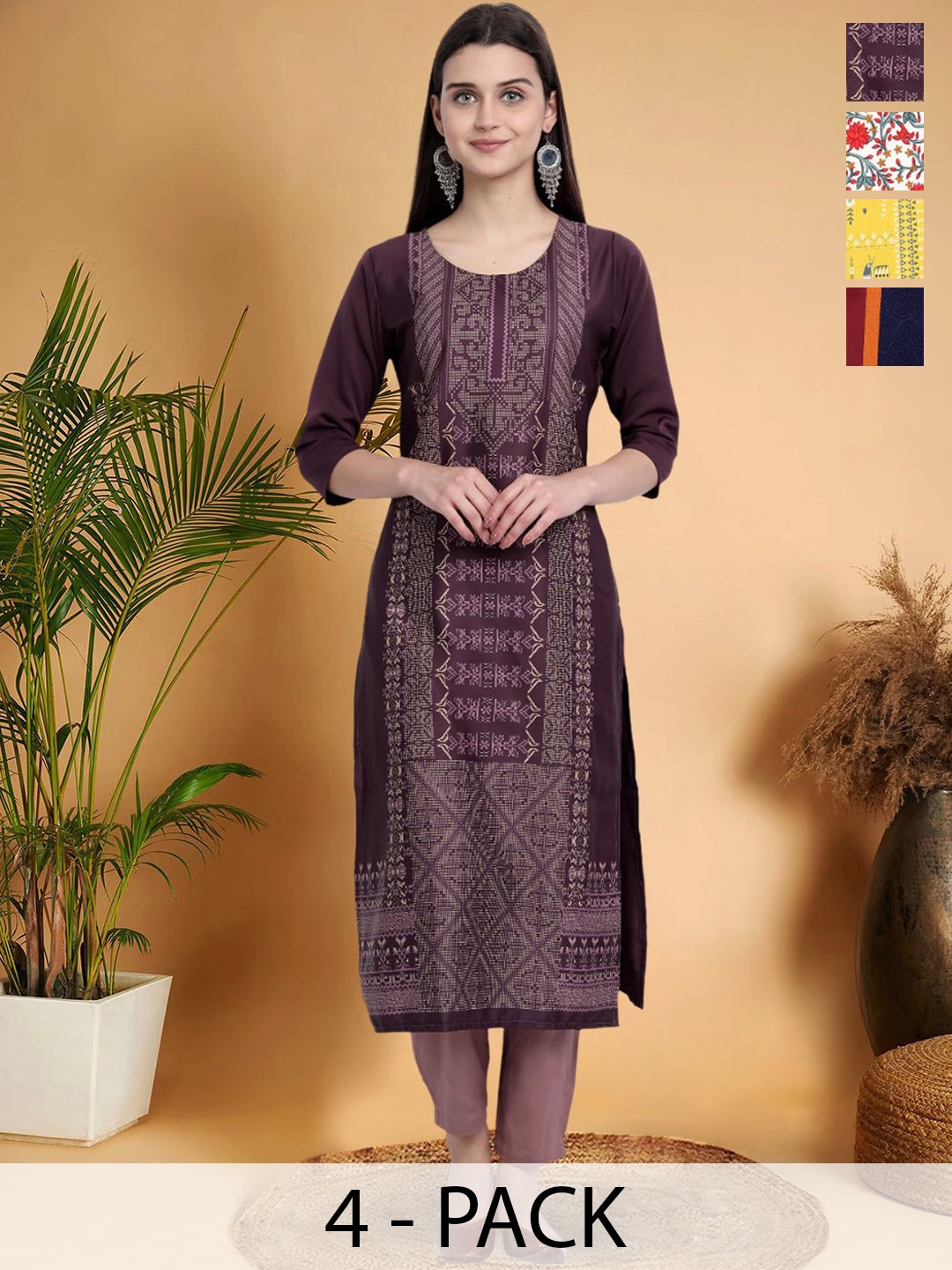 

7Threads Selection Of 4 Ethnic Motifs Printed Round Neck Straight Kurtas, Beige