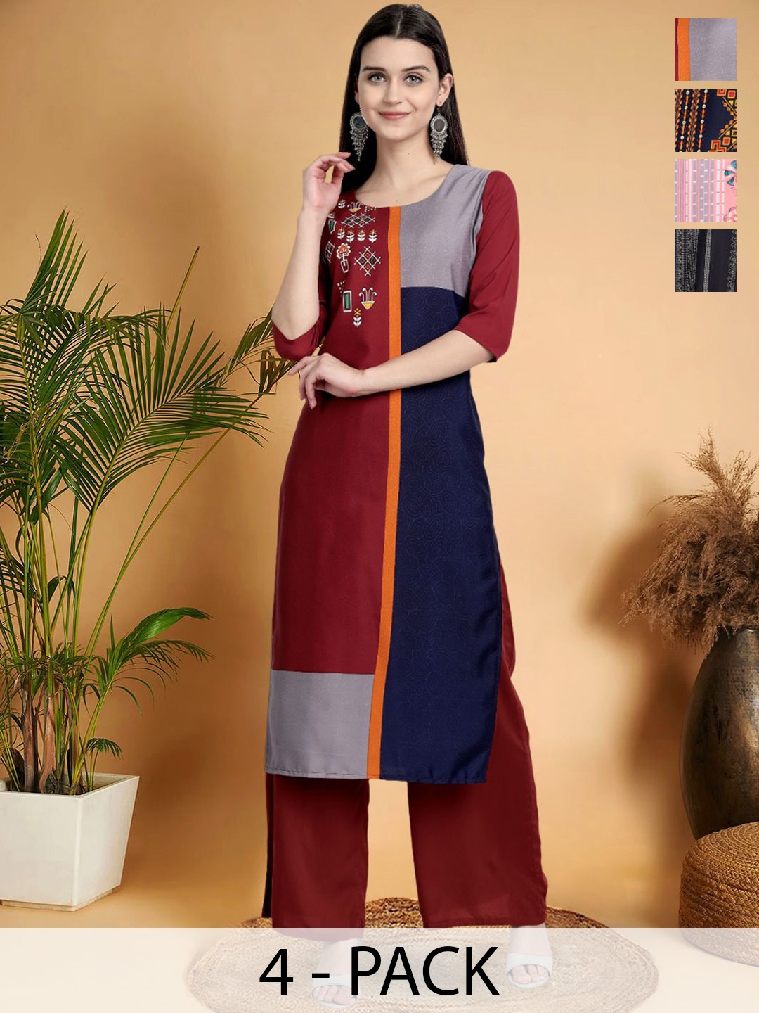 

7Threads Selection Of 4 Ethnic Motifs Printed Round Neck Straight Kurtas, Multi