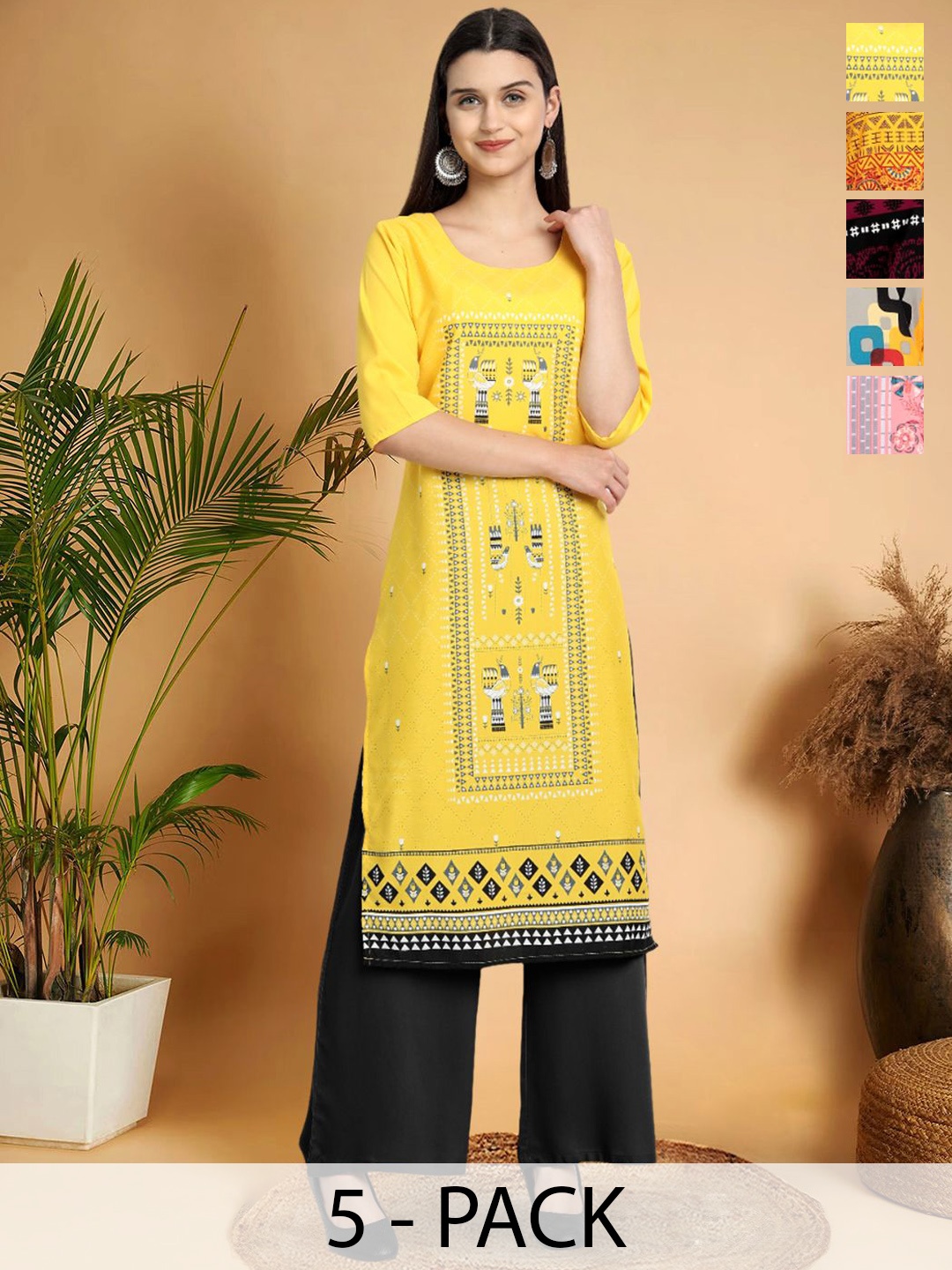 

7Threads Selection Of 5 Geometric Printed Round-Neck Kurta, Yellow