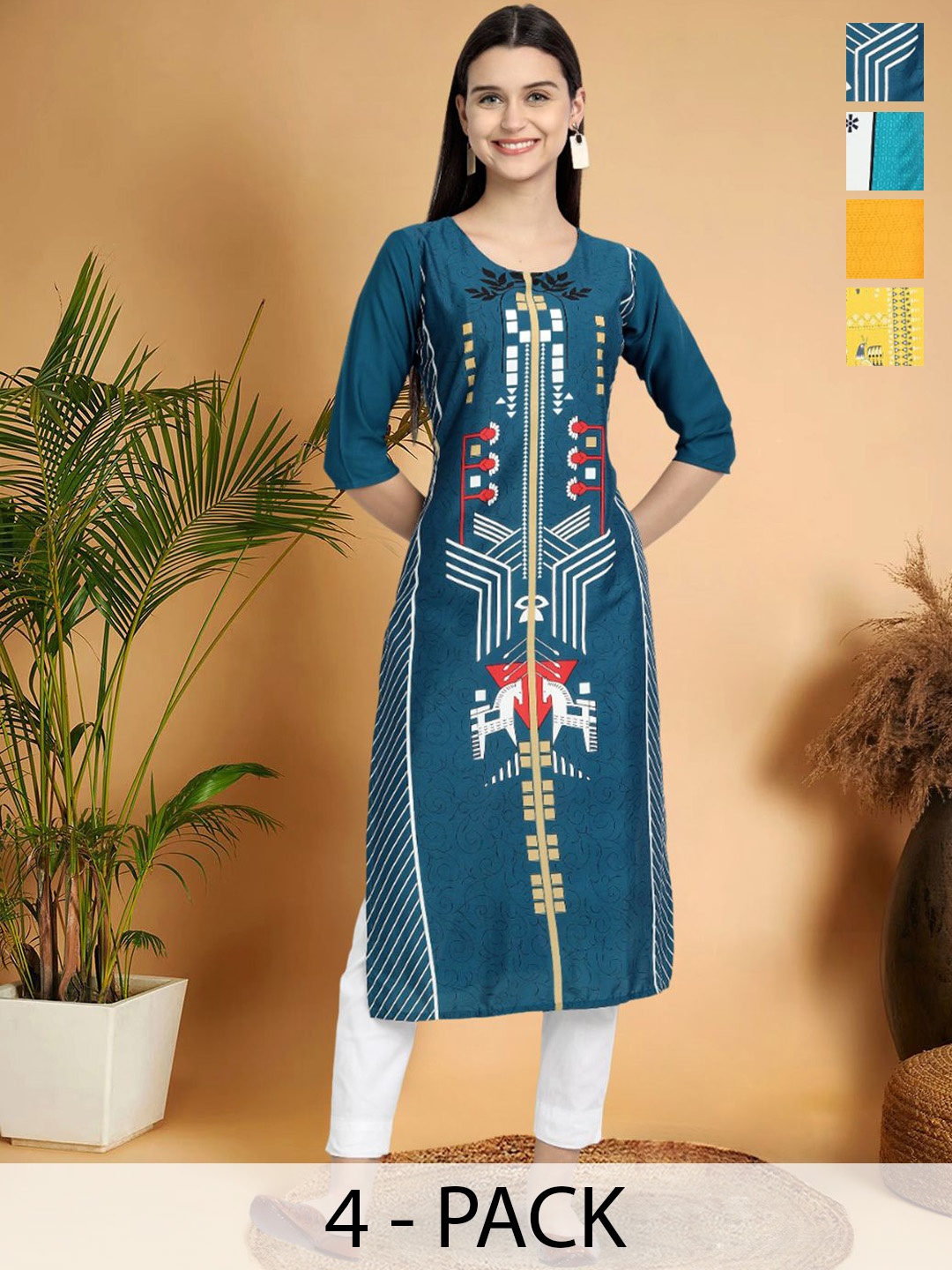 

7Threads Selection Of 5 Geometric Printed Round-Neck Kurta, Blue