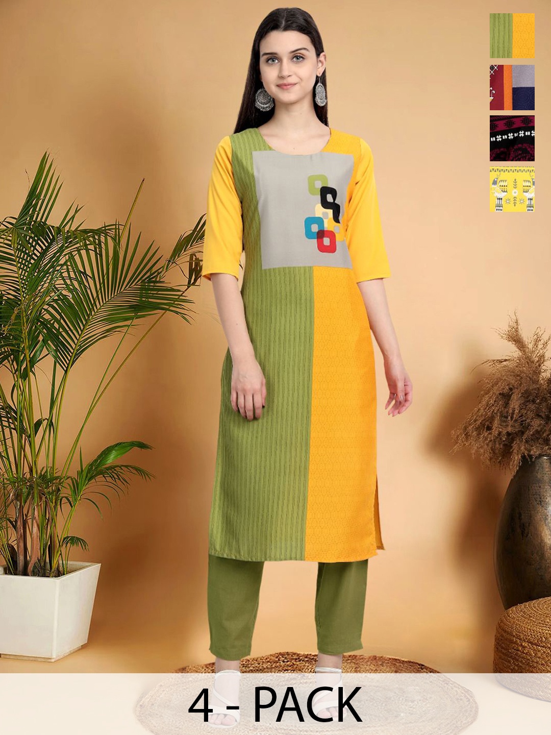 

7Threads Selection Of 5 Geometric Printed Round-Neck Kurta, Yellow