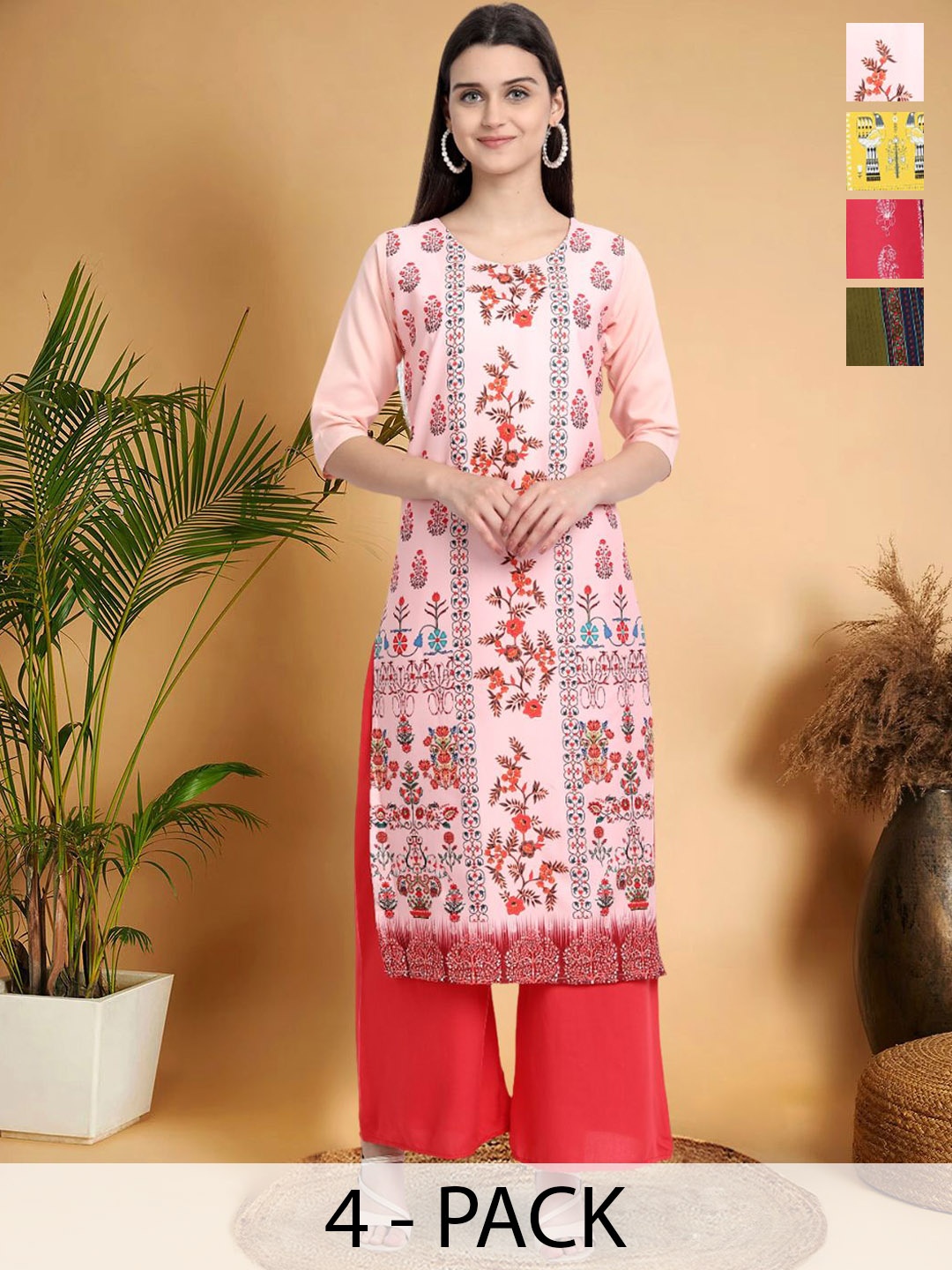 

7Threads Selection Of 4 Floral Printed Round Neck Kurtas, Pink