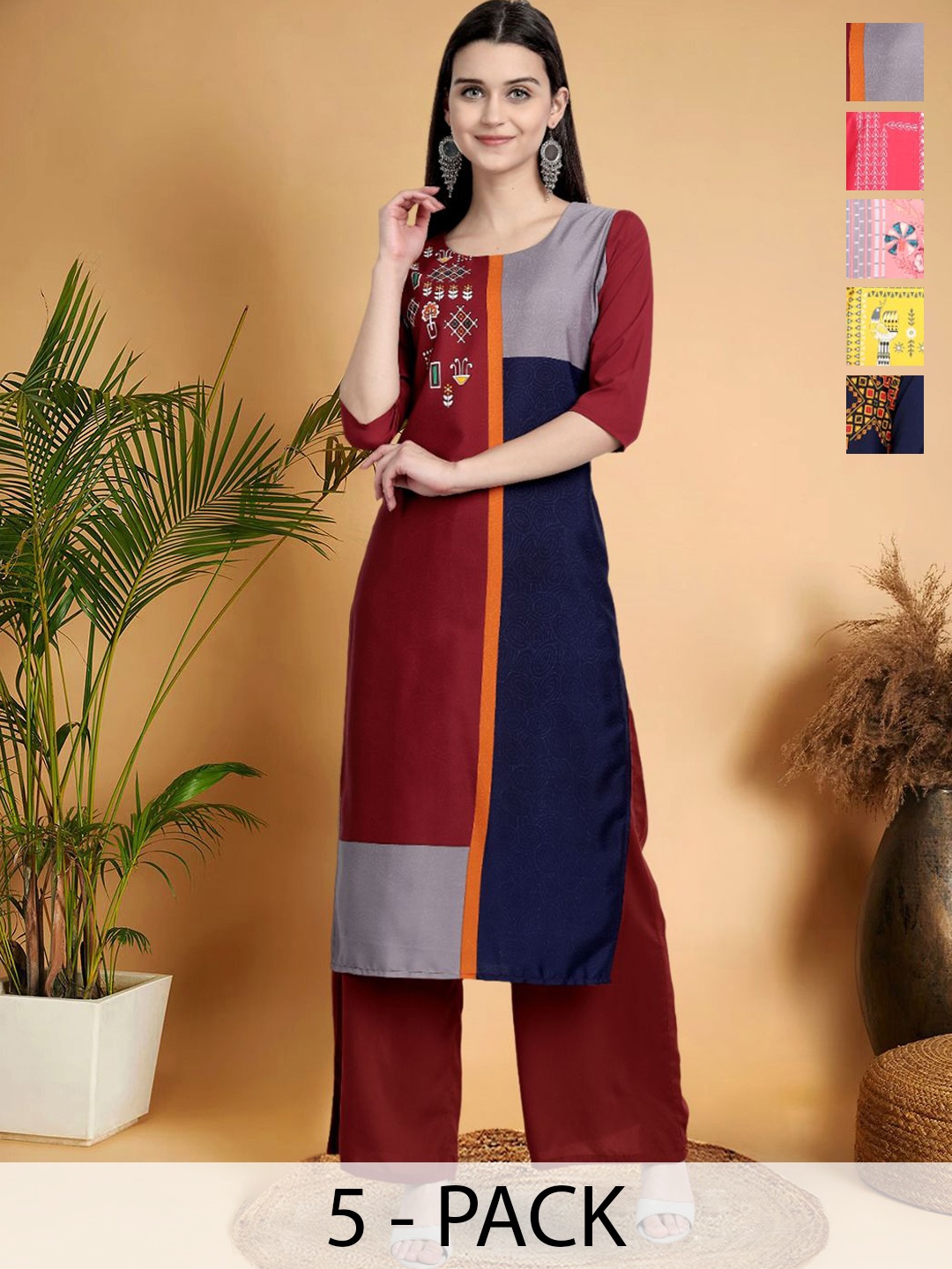 

7Threads Selection Of 5 Geometric Printed Round-Neck Kurta, Red