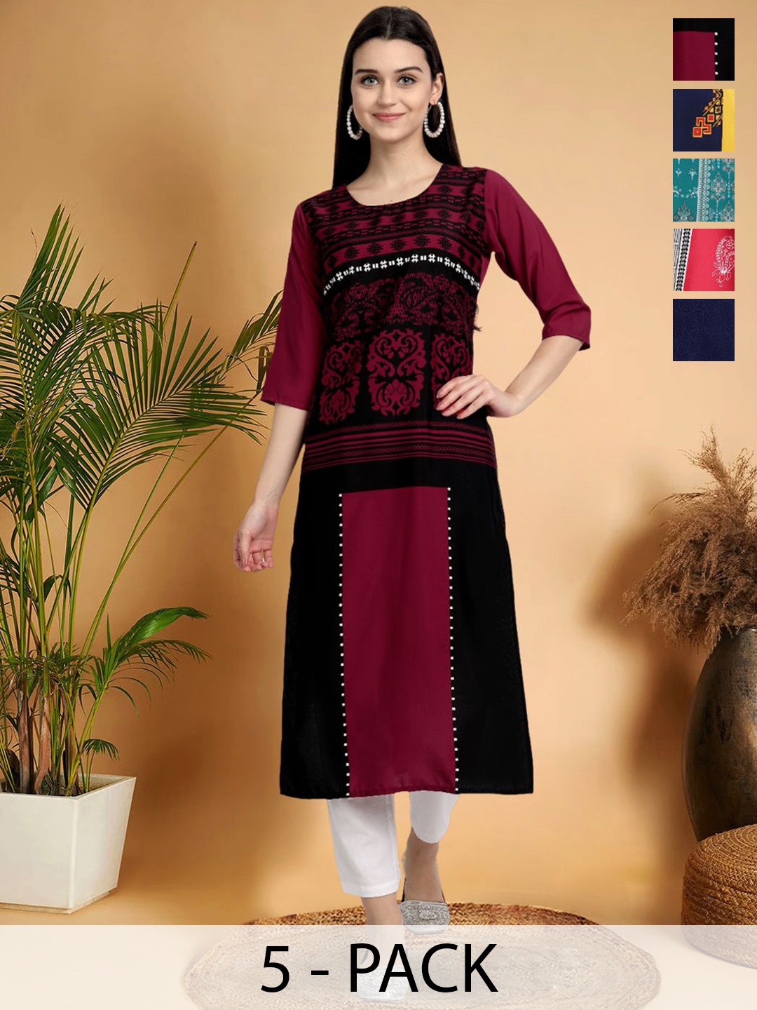 7Threads Selection Of 5 Ethnic Motifs Printed Round-Neck Kurta, Red