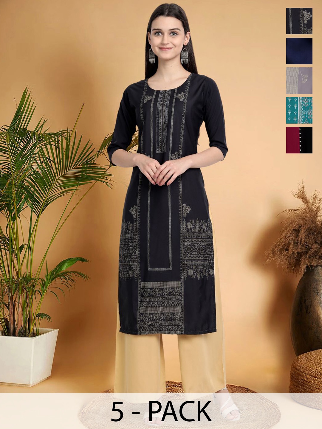 

7Threads Selection Of 5 Ethnic Motifs Printed Round-Neck Kurta, Black