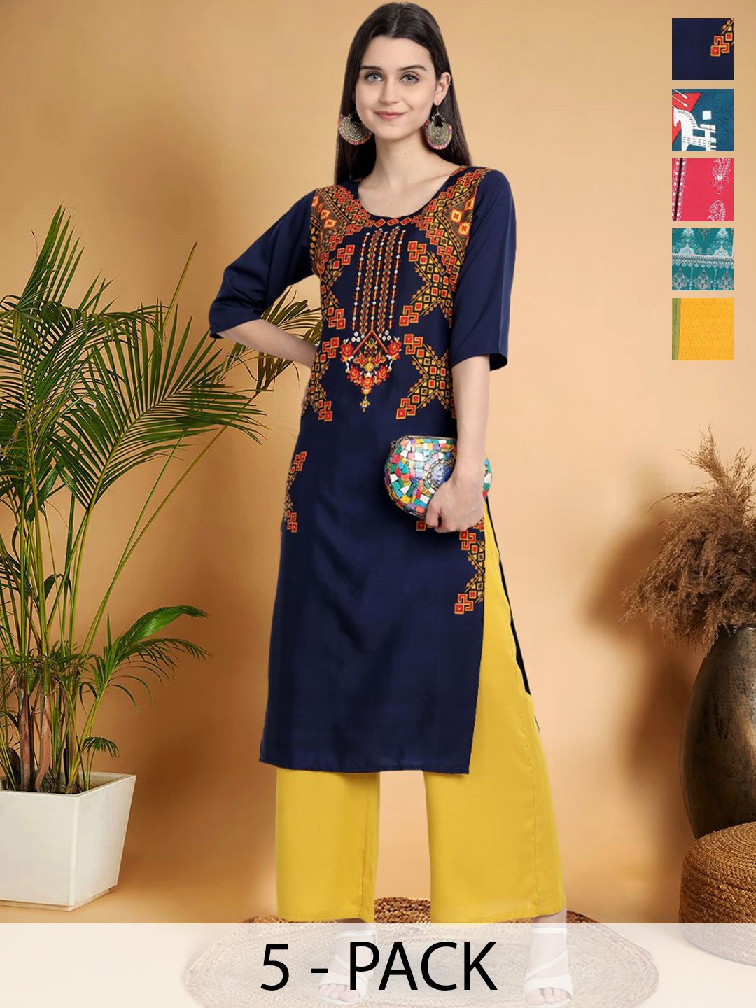 

7Threads Selection Of 5 Ethnic Motifs Printed Round-Neck Kurta, Blue