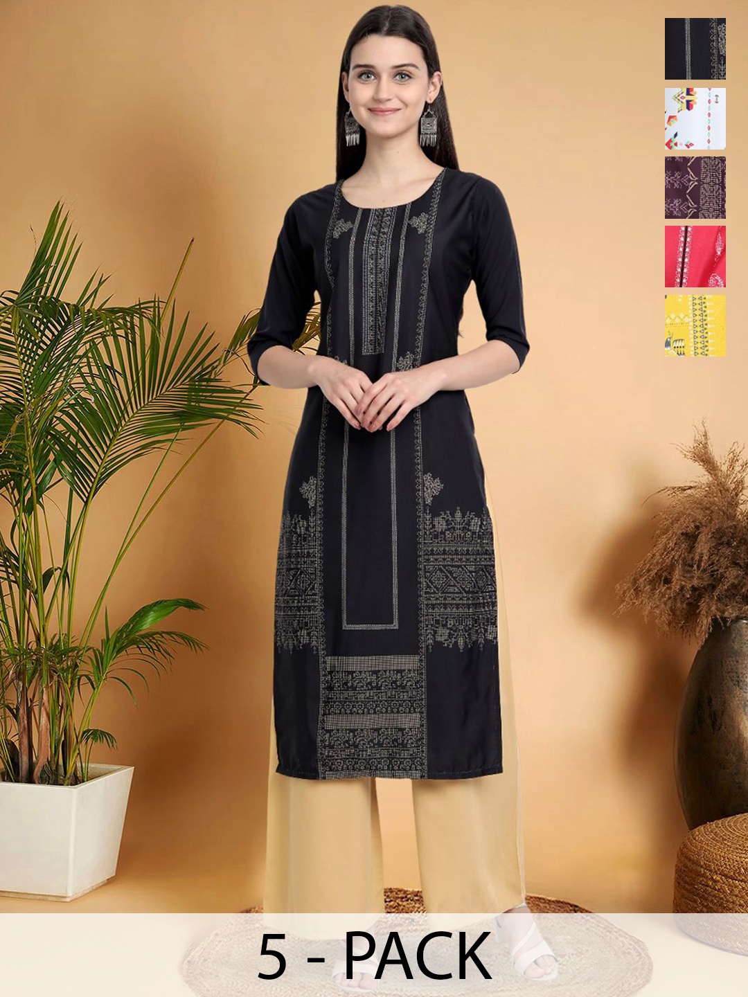 

7Threads Selection Of 5 Ethnic Motifs Printed Round Neck Kurtas, Black