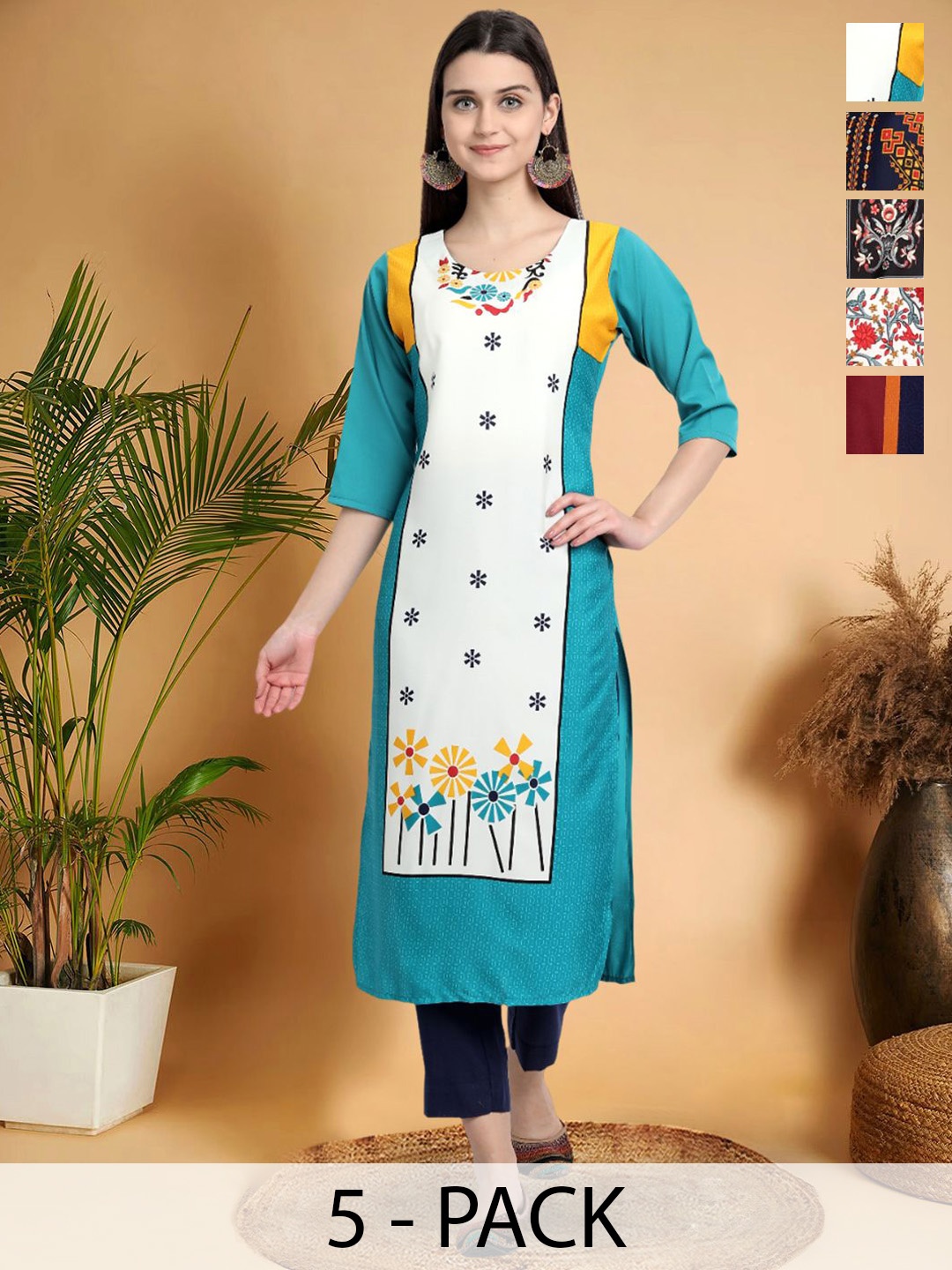 

7Threads Selection Of 5 Floral Printed Round Neck Kurtas, Blue
