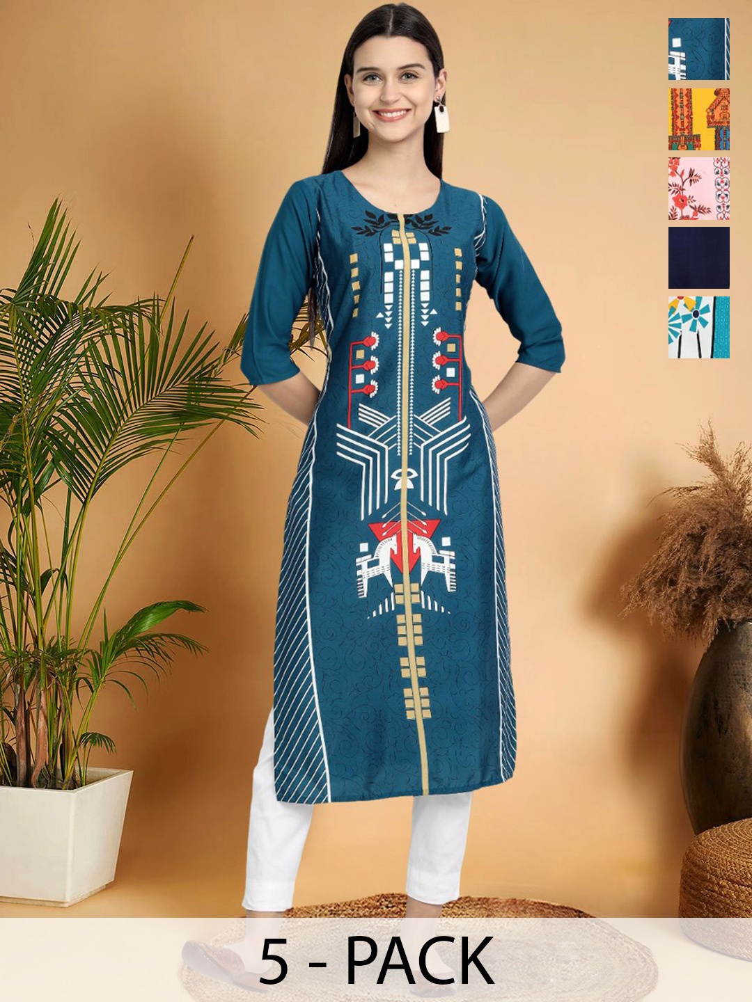 7Threads Selection Of 5 Geometric Printed Round Neck Kurtas, Blue
