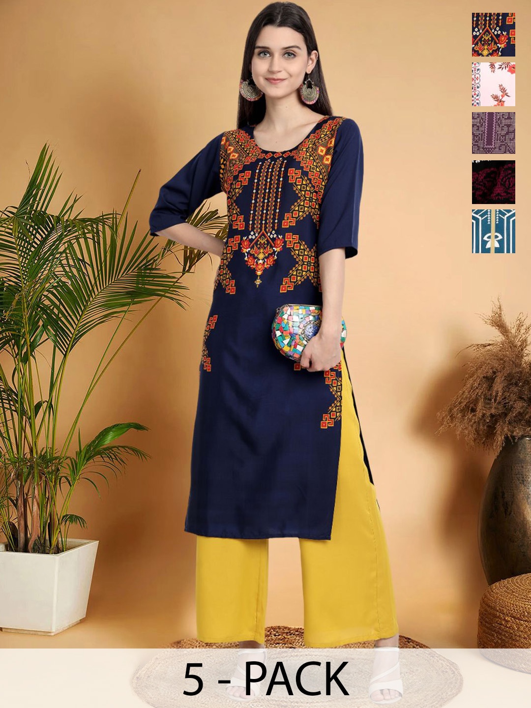 7Threads Selection Of 5 Ethnic Motifs Printed Round Neck Kurtas, Blue