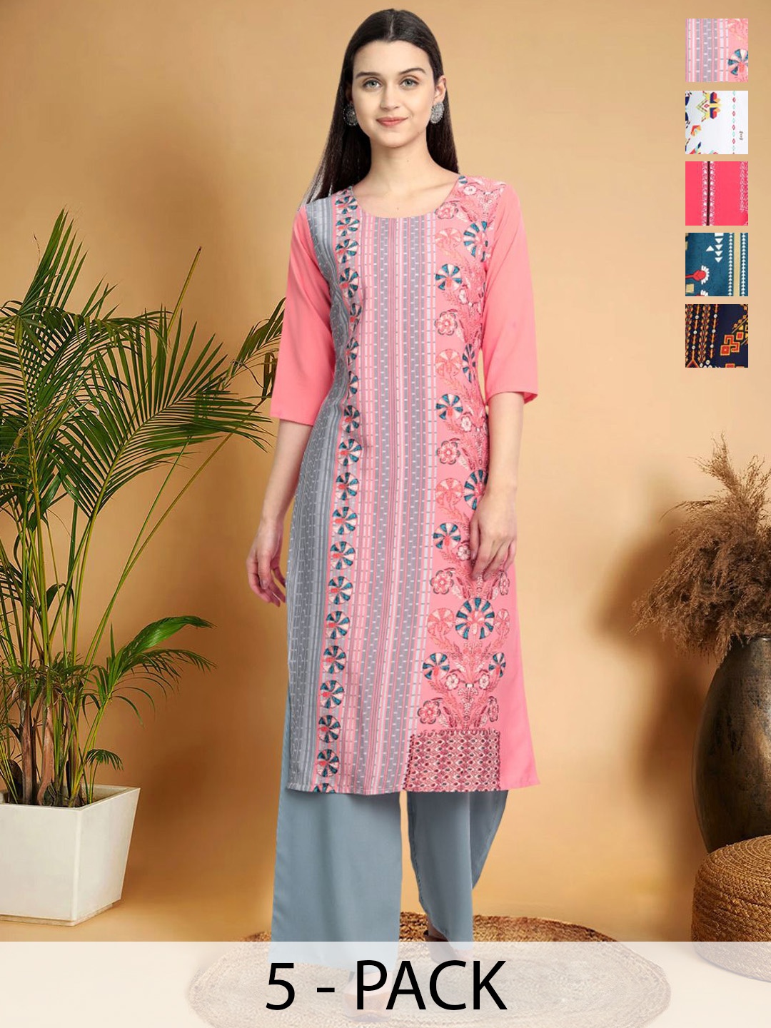 

7Threads Selection Of 5 Floral Printed Round Neck Kurtas, Pink