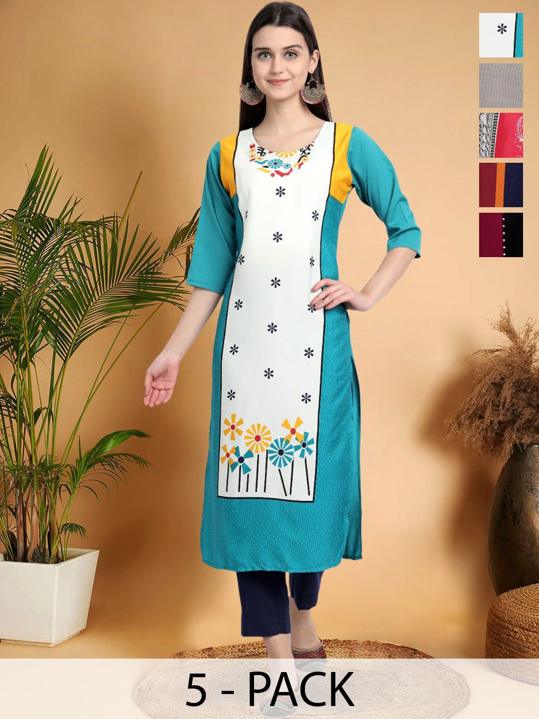 

7Threads Selection Of 5 Ethnic Motifs Printed Round-Neck Kurta, Blue