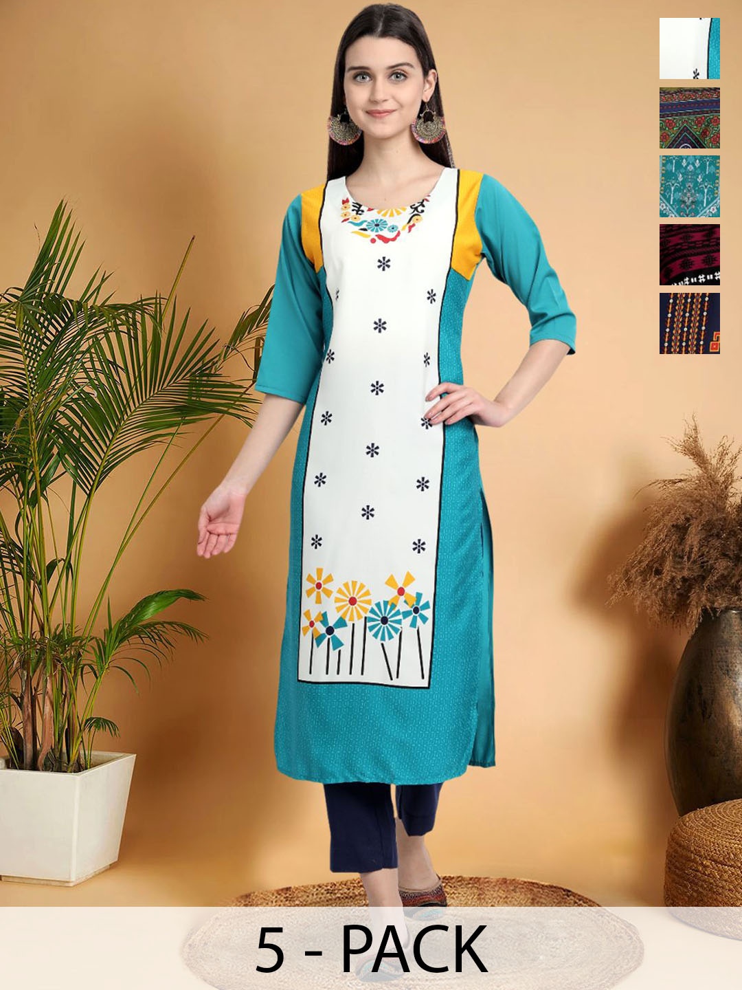 

7Threads Selection Of 5 Floral Printed Round-Neck Kurta, Blue