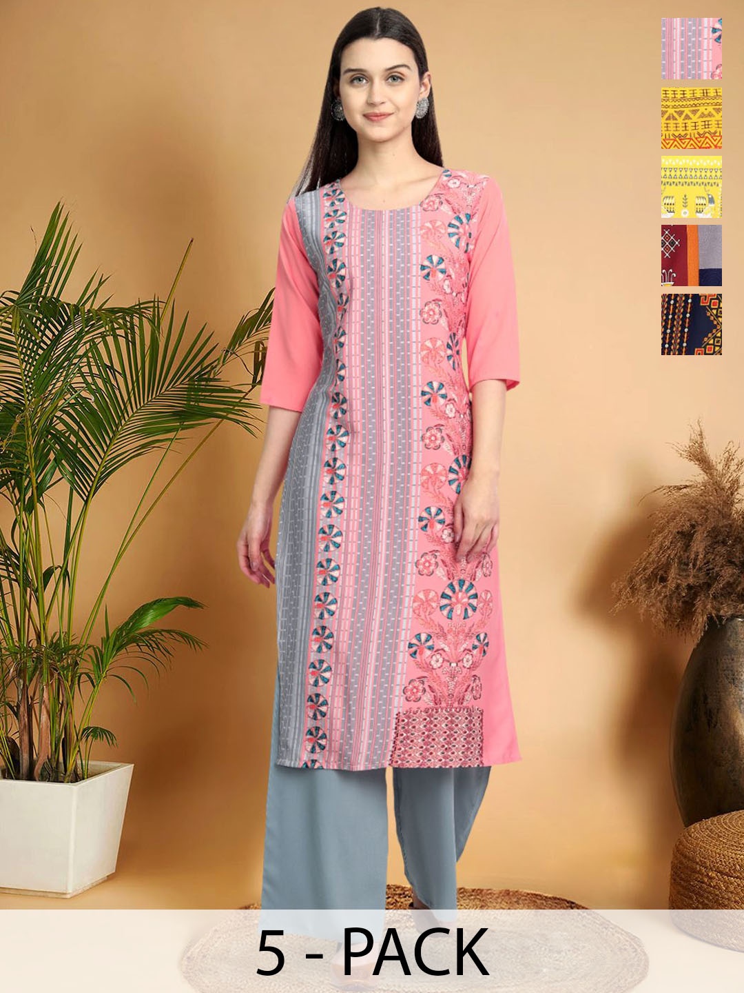 7Threads Selection Of 5 Floral Printed Round-Neck Kurta, Pink