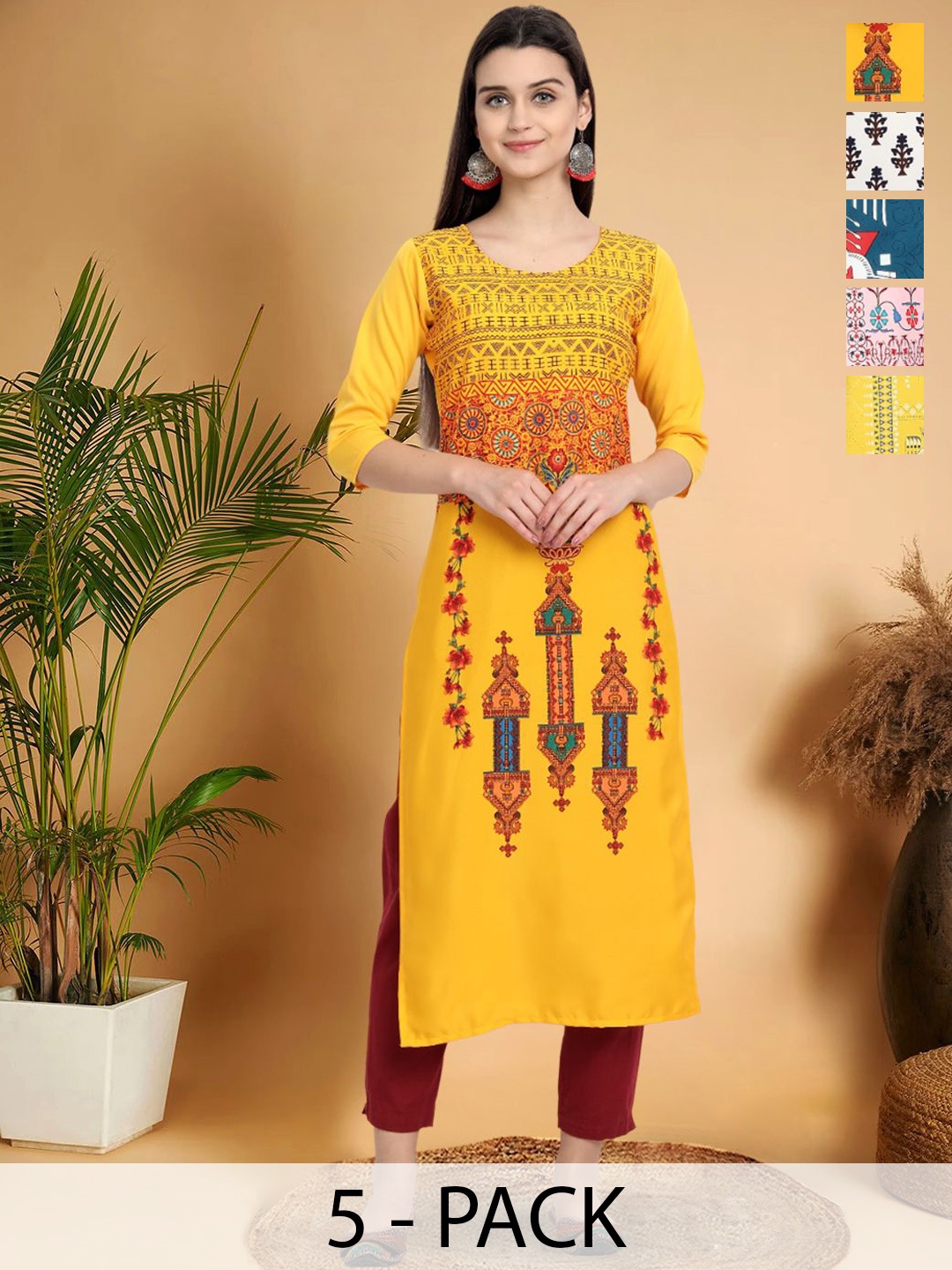 

7Threads Selection Of 5 Floral Printed Round-Neck Kurta, Yellow