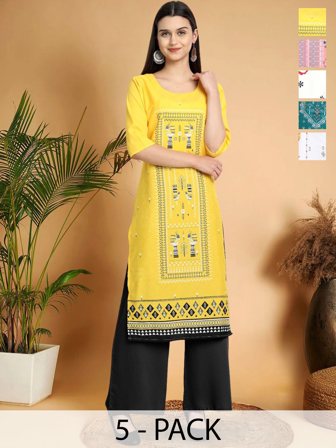 

7Threads Selection Of 5 Geometric Printed Round-Neck Kurta, Yellow