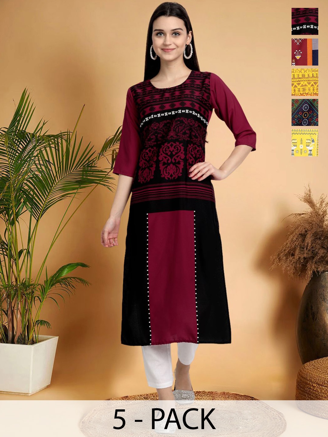 

7Threads Selection Of 5 Geometric Printed Round-Neck Kurta, Red