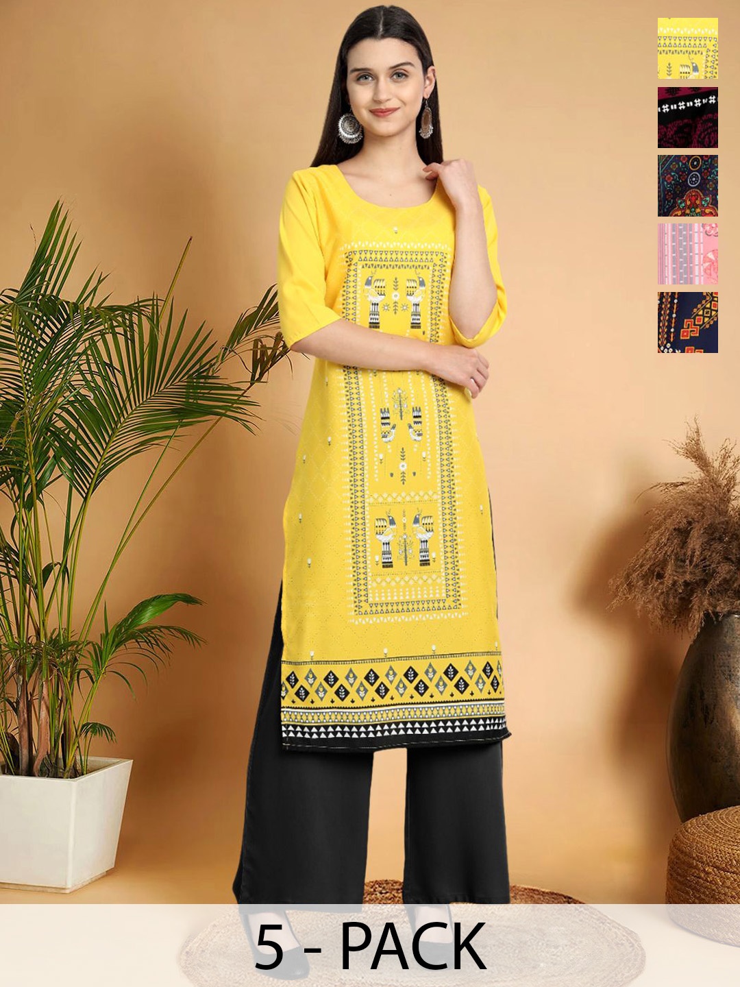 

7Threads Selection Of 5 Ethnic Motifs Printed Round-Neck Kurta, Yellow