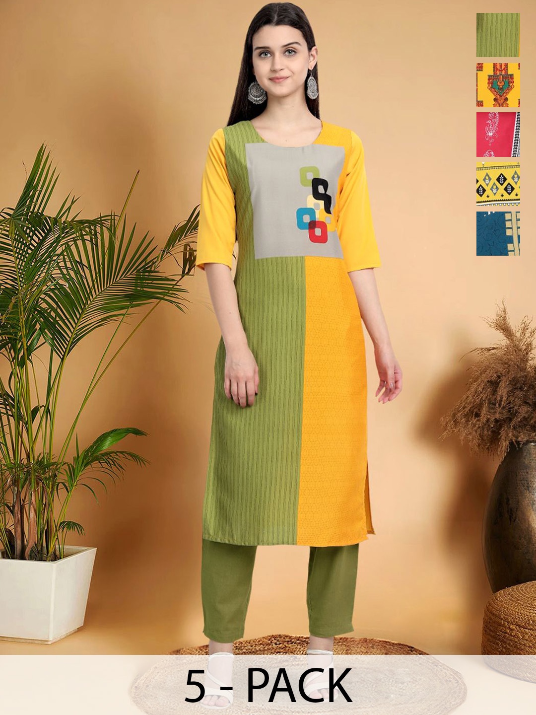 

7Threads Selection Of 5 Colourblocked Printed Round Neck Straight Kurtas, Yellow