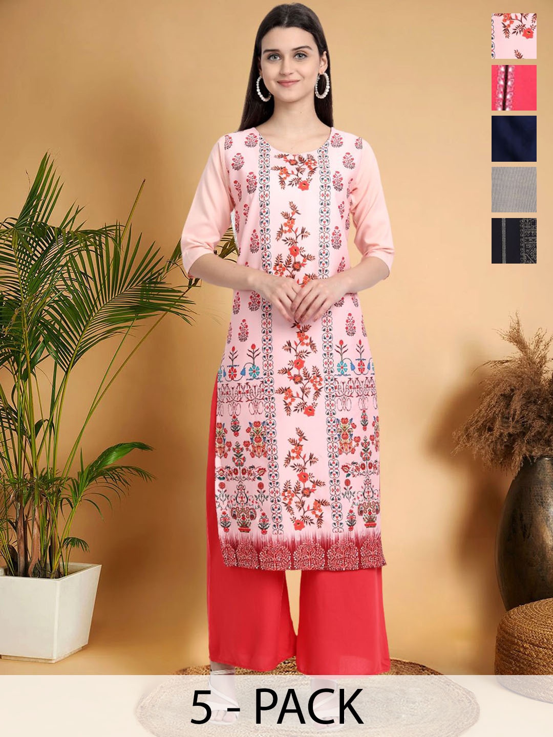 

7Threads Selection Of 5 Ethnic Motifs Printed Round Neck Straight Kurtas, Pink
