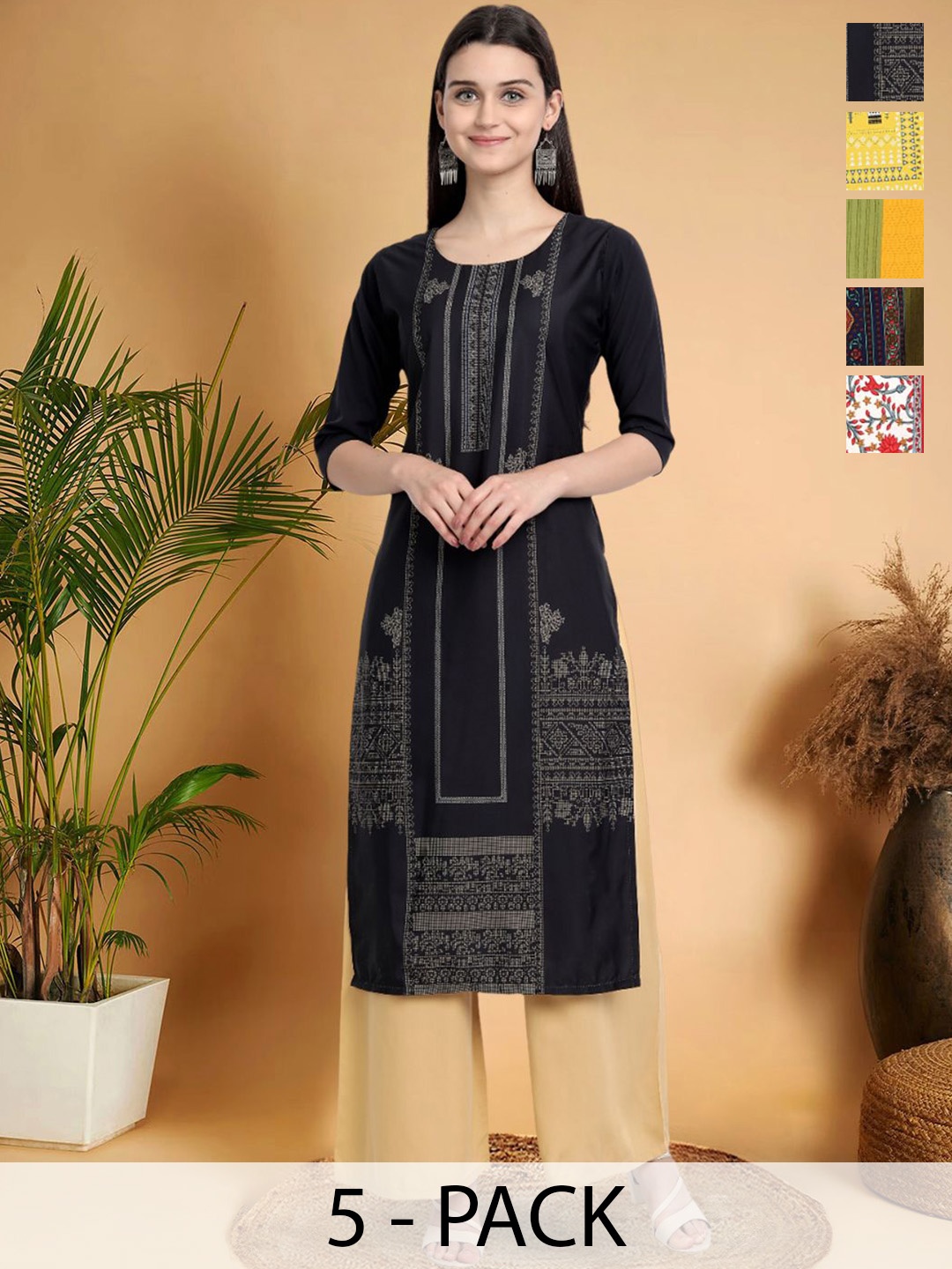 

7Threads Selection Of 5 Ethnic Motifs Printed Round Neck Straight Kurtas, Black