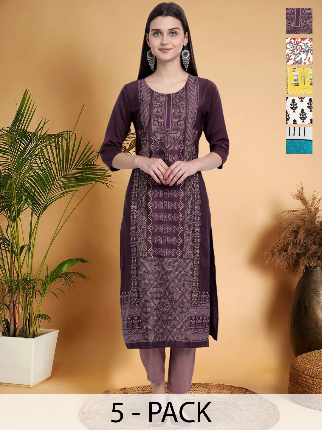

7Threads Selection Of 5 Geometric Printed Round Neck Straight Kurtas, Purple