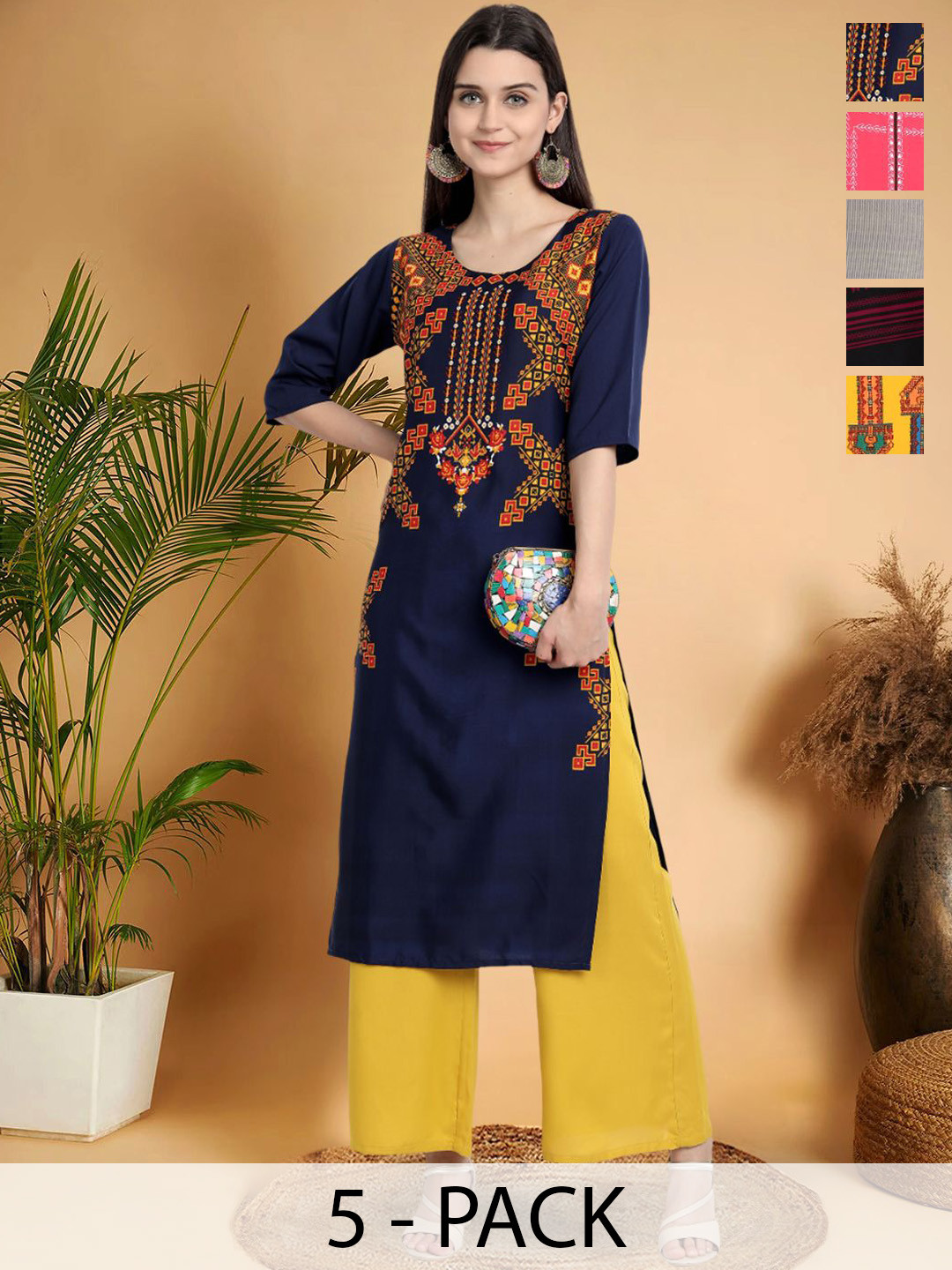

7Threads Selection Of 5 Ethnic Motifs Printed Round Neck Straight Kurtas, Navy blue