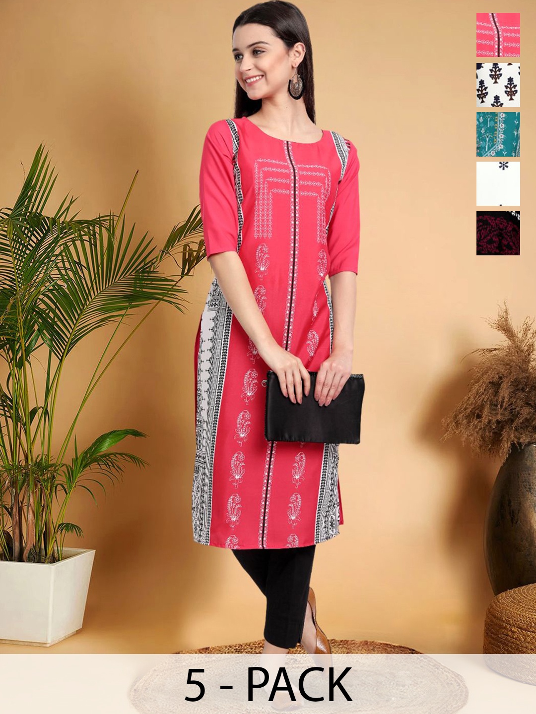 

7Threads Selection Of 5 Ethnic Motifs Printed Round Neck Straight Kurtas, Pink