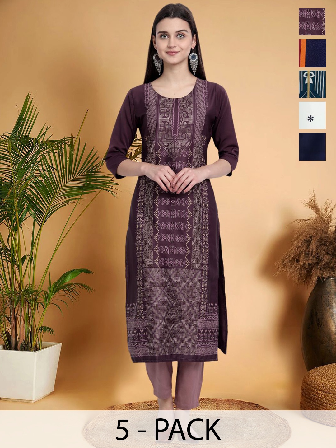 

7Threads Selection Of 5 Ethnic Motifs Printed Round Neck Straight Kurtas, Purple