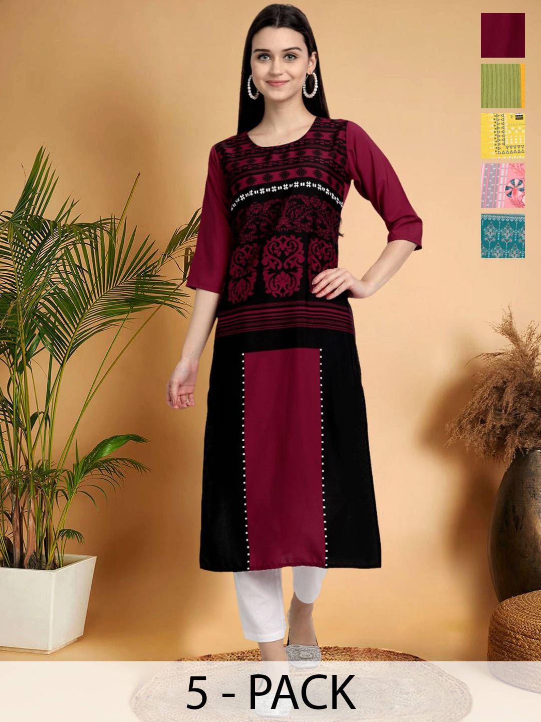 

7Threads Selection Of 5 Ethnic Motifs Printed Round Neck Straight Kurtas, Maroon