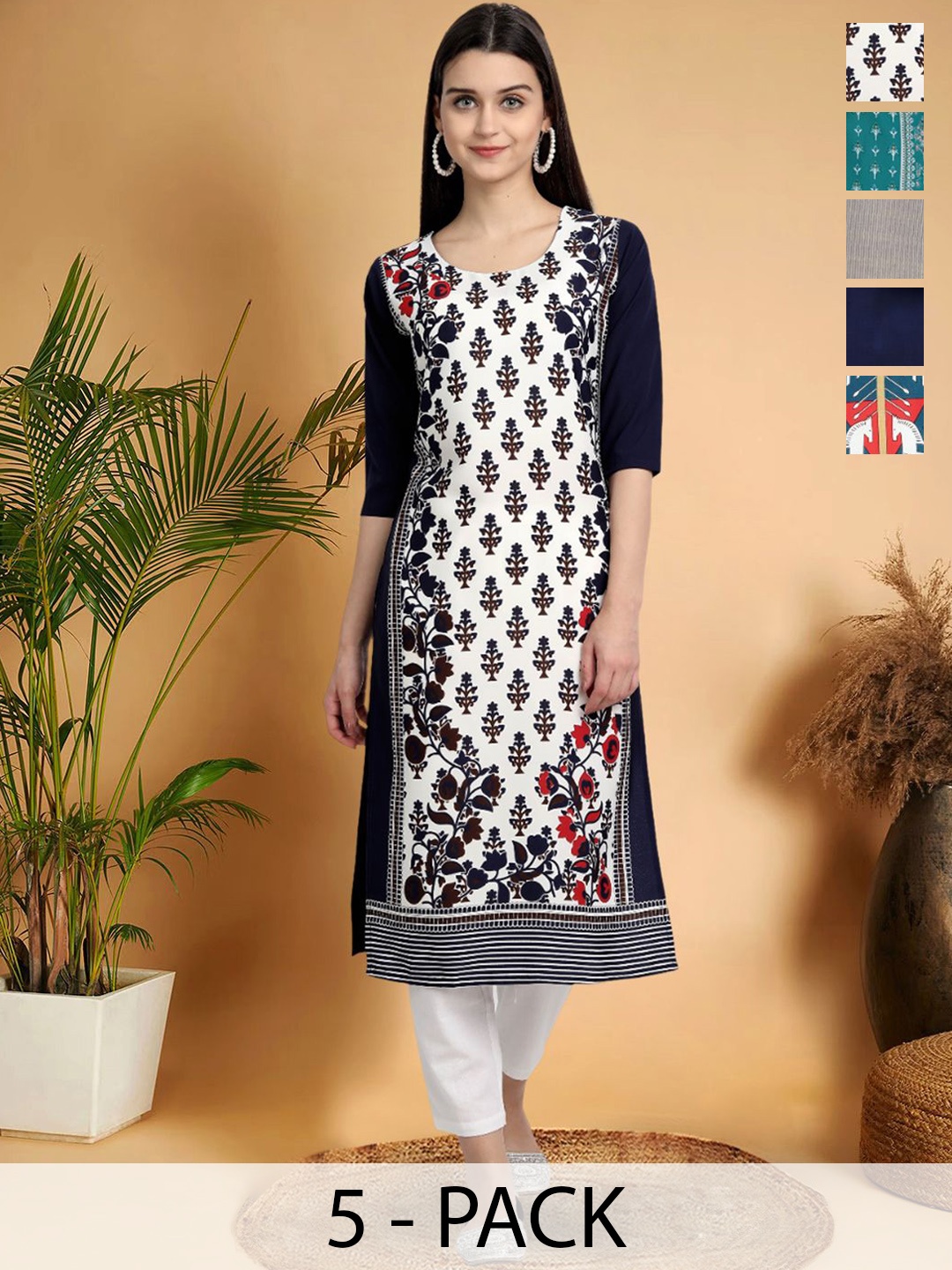 

7Threads Selection Of 5 Ethnic Motifs Printed Round Neck Straight Kurtas, Black