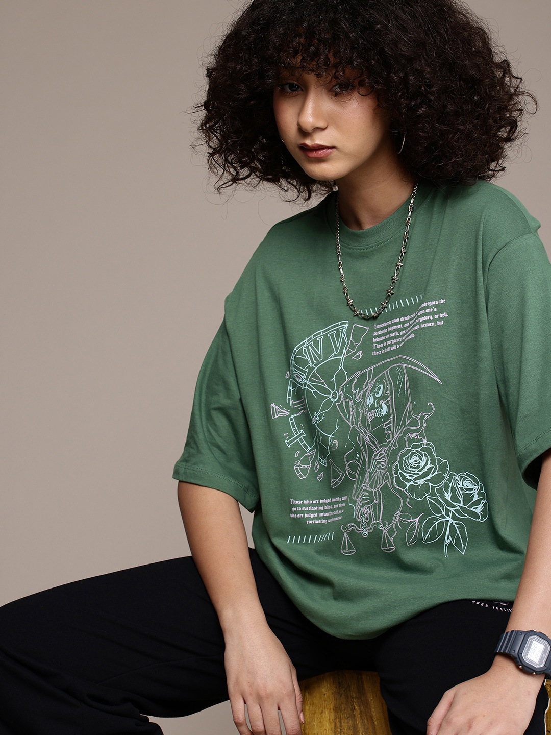 

The Roadster Life Co. Printed Drop-Shoulder Sleeves Pure Cotton Oversized T-shirt, Green